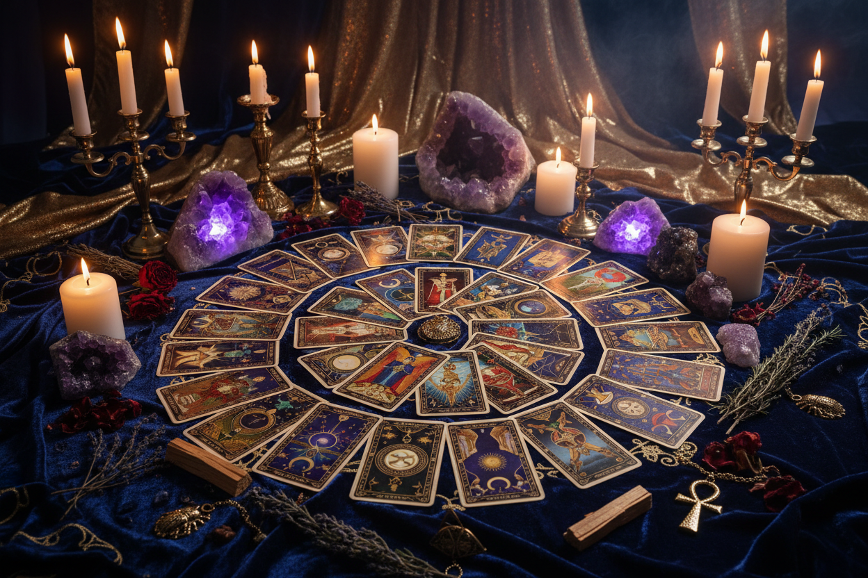 Premium deep dive tarot reading with crystals and candlelight